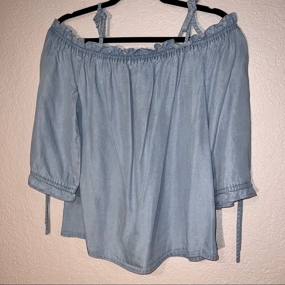 A.N.A. Small Cold Shoulder 3/4 Length Loose Sleeve Chambray Blouse with Ties